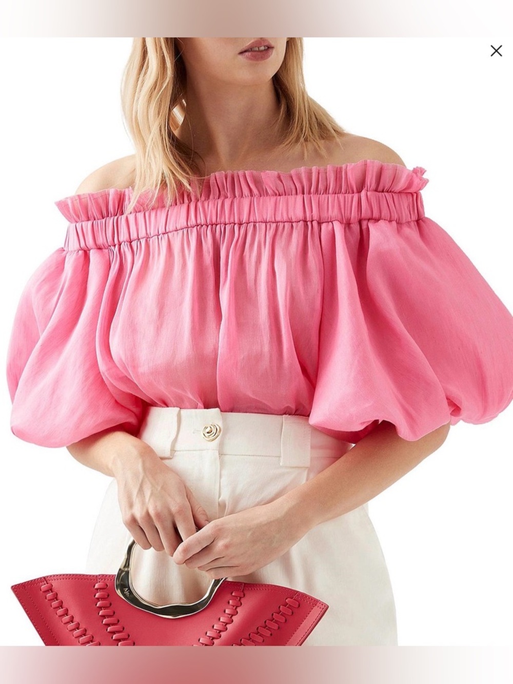 Aje Pink Off-Shoulder Organza Puff Sleeve Top, New